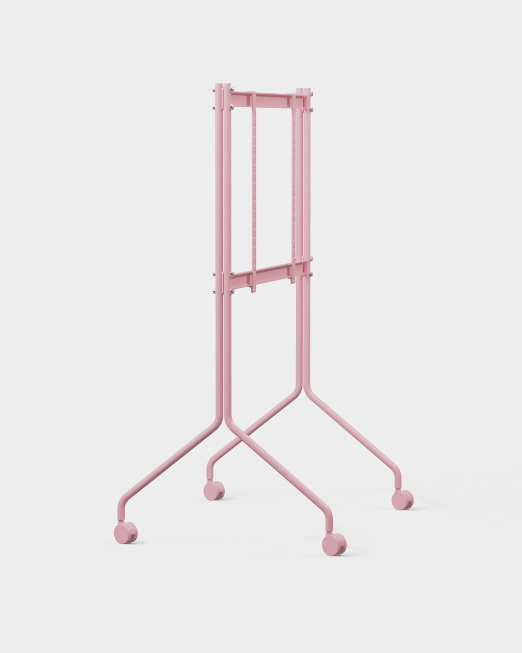 Moon Tall TV-Ständer in Bubble Gum Pink, Studio-Schrägansicht mit montiertem Flachbild-TV und Rollen